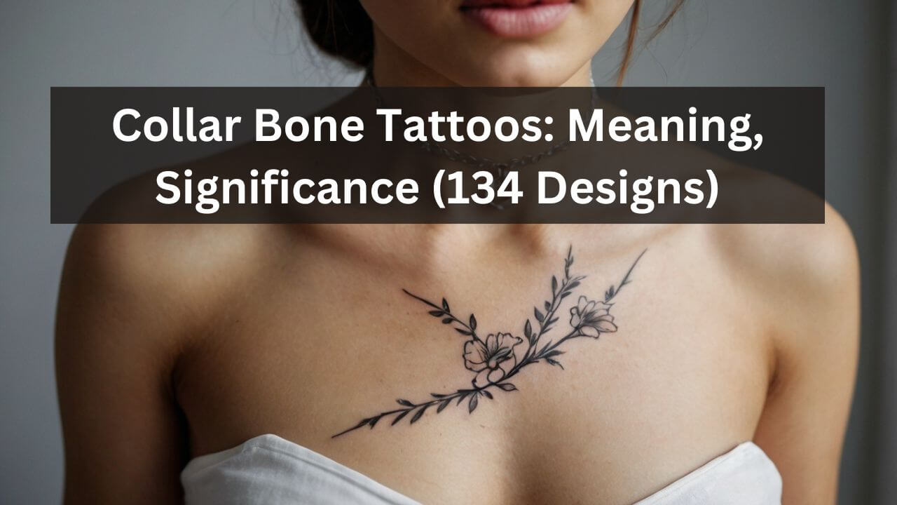 Delicate floral tattoo on collarbone features two blossoms with leaves, elegantly stretching across the shoulder area.