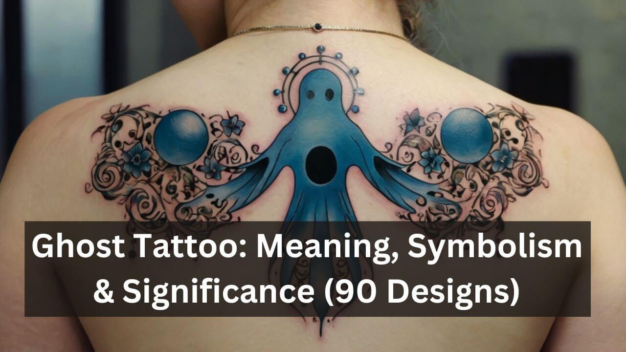 Blue ghost tattoo with ornate swirls and flowers on shoulders, symbolizing mystery and spirituality.