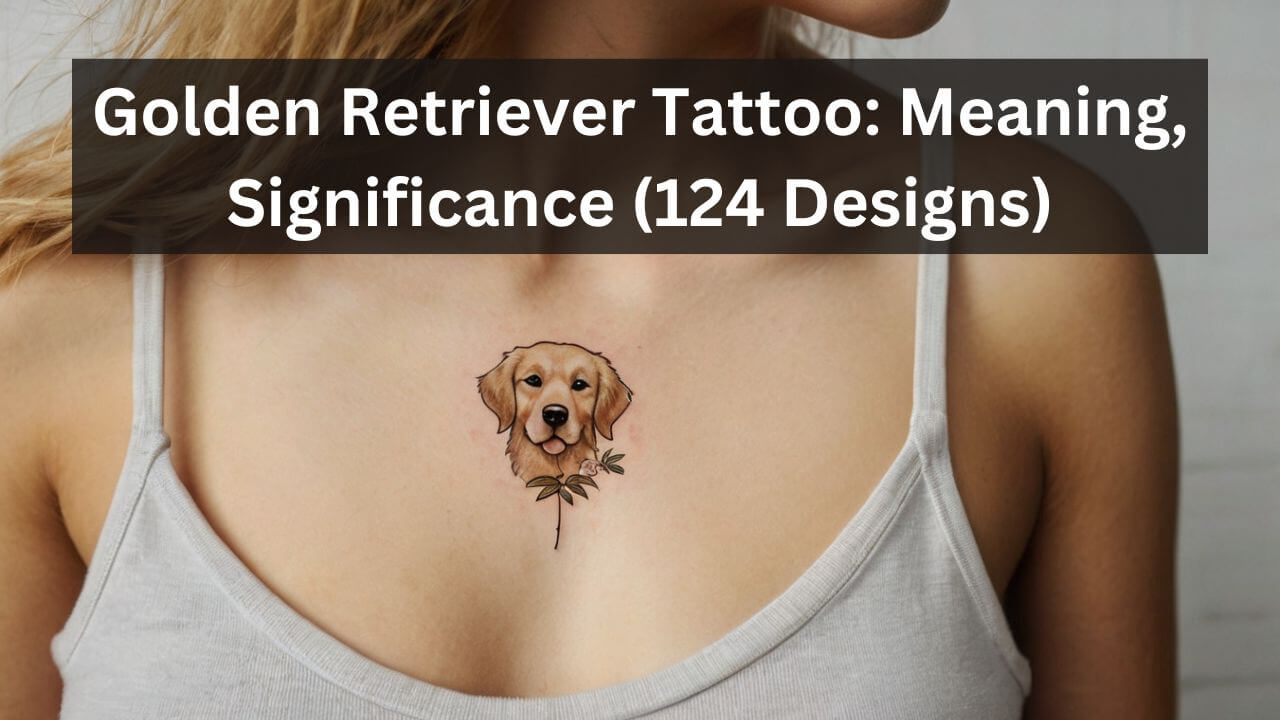 Realistic golden retriever face tattoo with flower detail, placed on the upper chest, symbolizing loyalty and love.