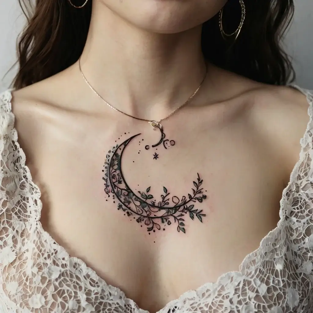 Intricate crescent moon tattoo with delicate floral and vine details, adorned with stars on the upper chest.