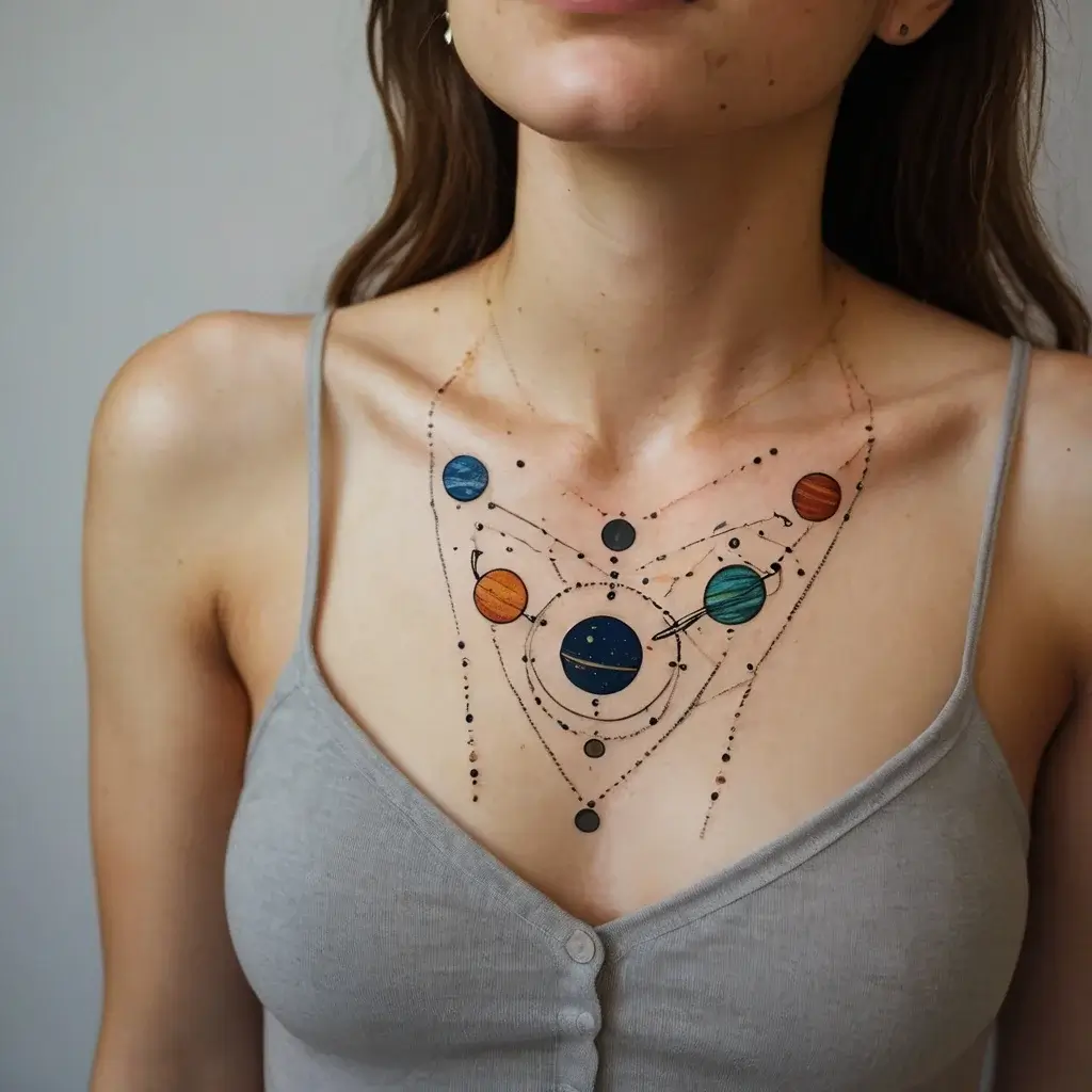 Geometric solar system tattoo with vibrant planets and intricate orbit lines on chest, evoking cosmic harmony.