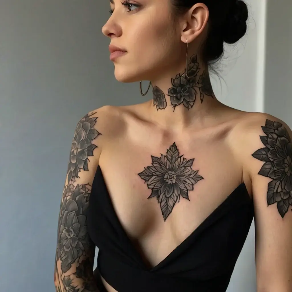 Black and gray floral tattoos on the neck and arms, with a large symmetrical flower on the chest, showcase intricate shading.