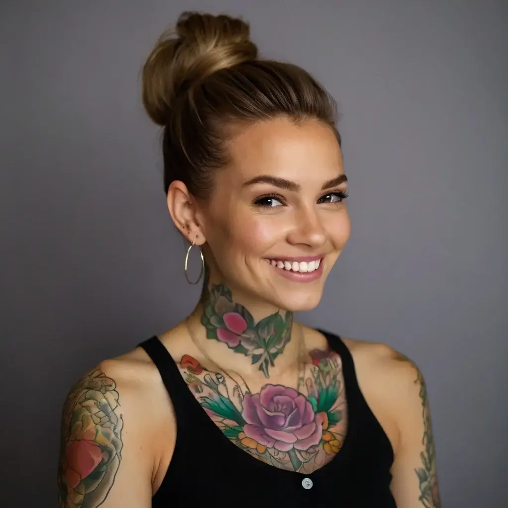 Floral tattoos with vibrant colors on her neck and shoulders feature roses and leaves, creating a stunning, cohesive design.