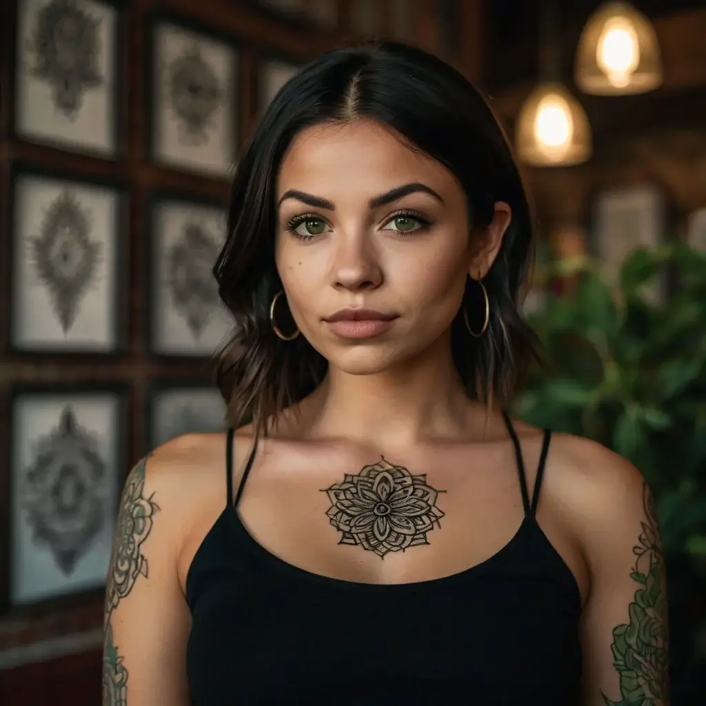 The tattoo on her chest features an intricate mandala design with symmetrical patterns and sharp, petal-like extensions.