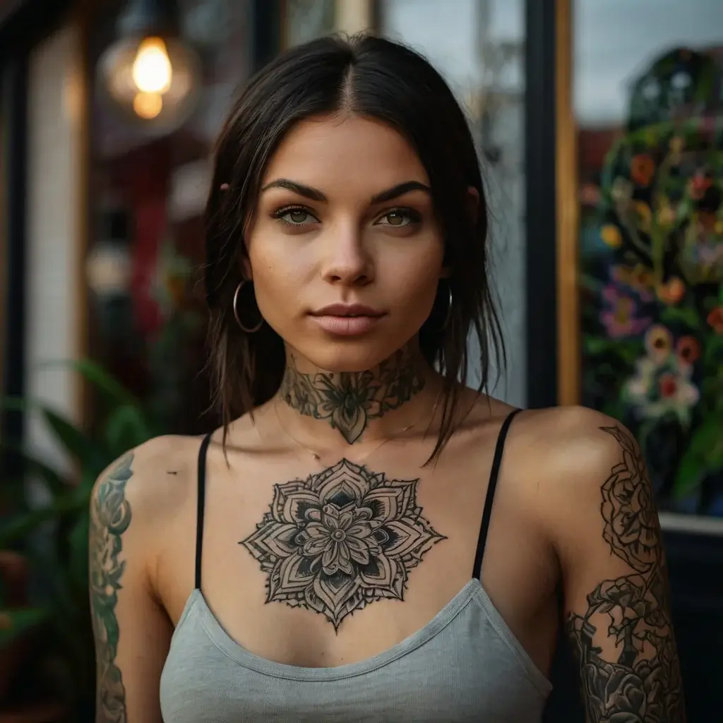 Intricate mandala chest tattoo with floral motifs and detailed patterns, extending to neck and shoulders.