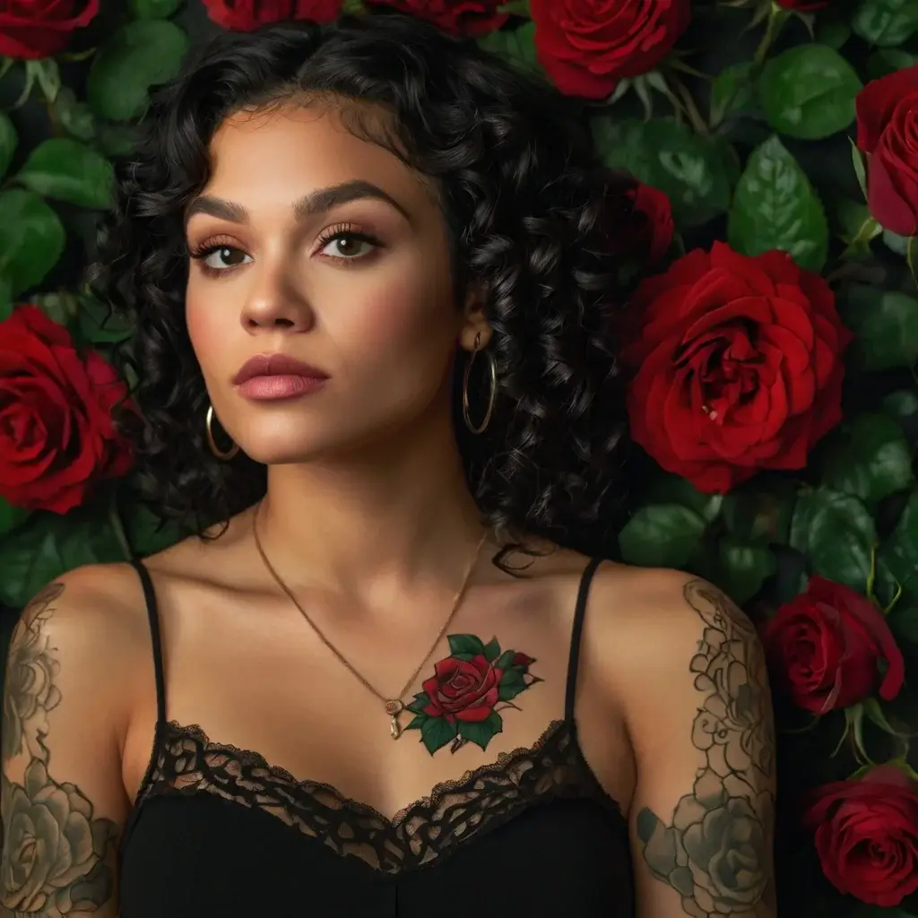 A colorful red rose tattoo on the chest, detailed with green leaves; arms adorned with floral and geometric designs.