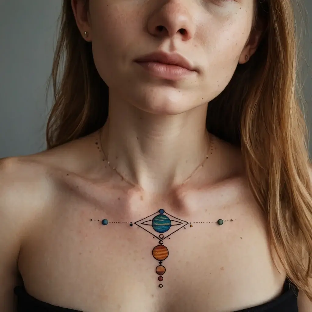 Geometric solar system tattoo on chest, featuring colored planets aligned in a vertical and horizontal pattern.