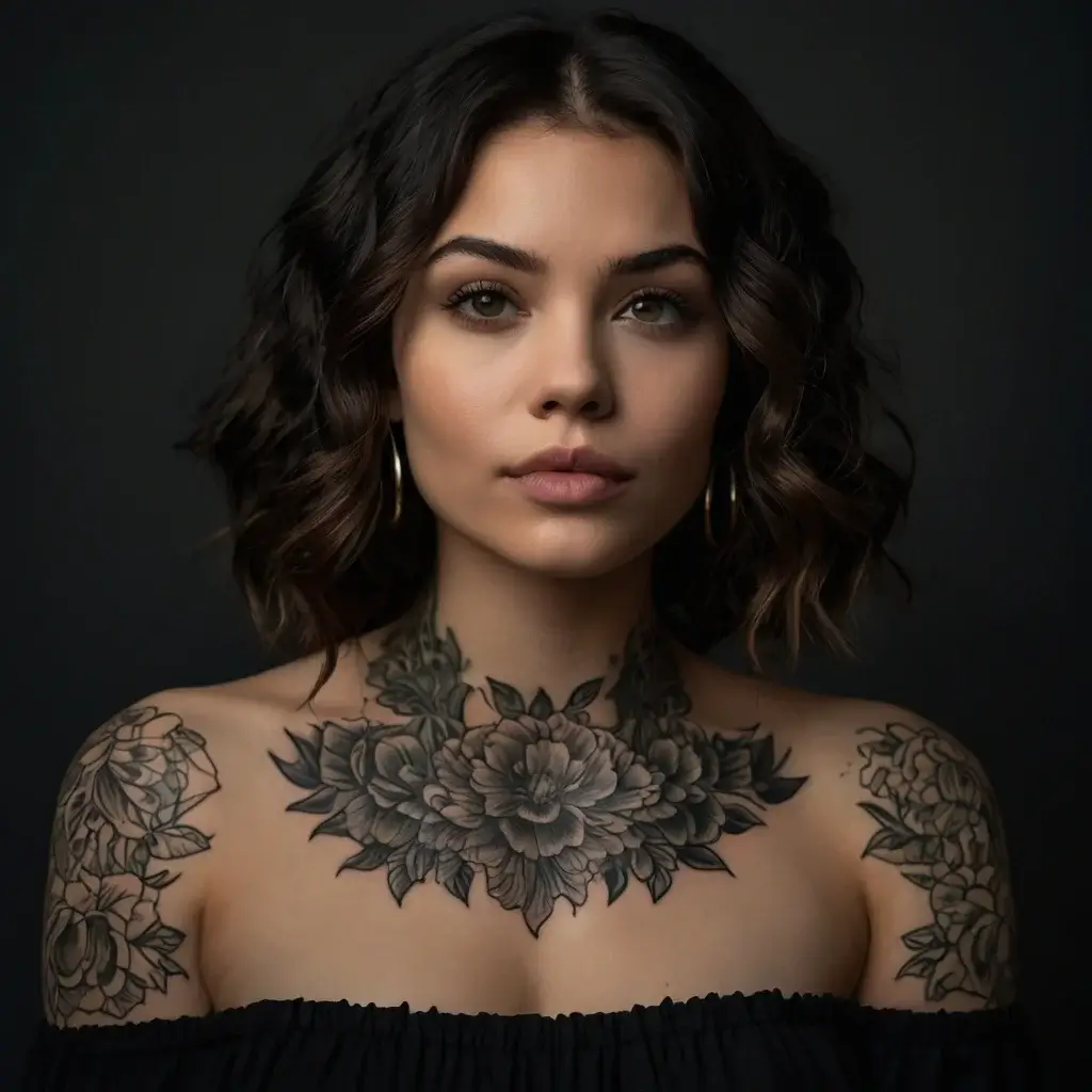 Woman with intricate black and gray floral chest and shoulder tattoos, featuring detailed blooming roses and leaves.