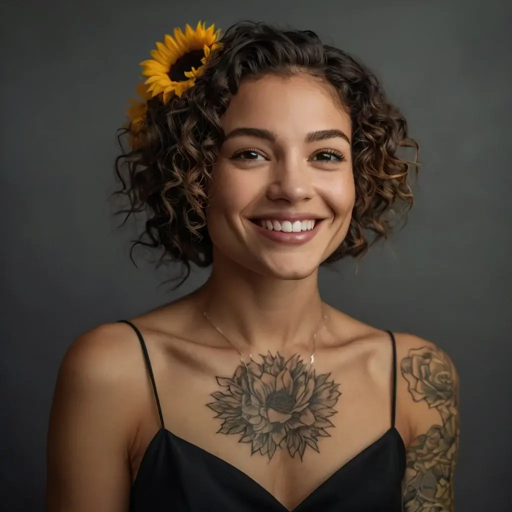 A detailed sunflower tattoo adorns her upper chest, showcasing intricate shading and bold outlines.