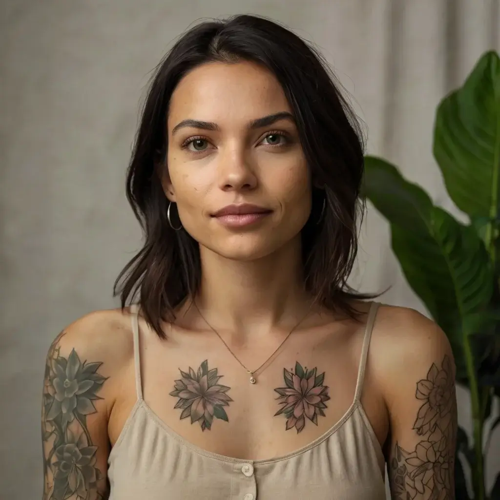 Woman with floral mandala tattoos on shoulders and arm, showcasing a blend of symmetry and intricate leaf details.