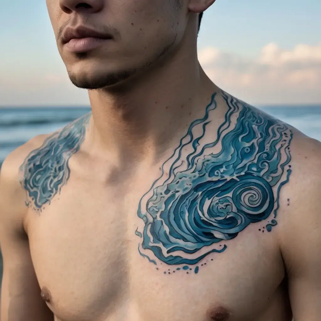 Blue wave tattoos span chest and shoulders, with swirling currents and detailed shading, capturing oceanic motion.