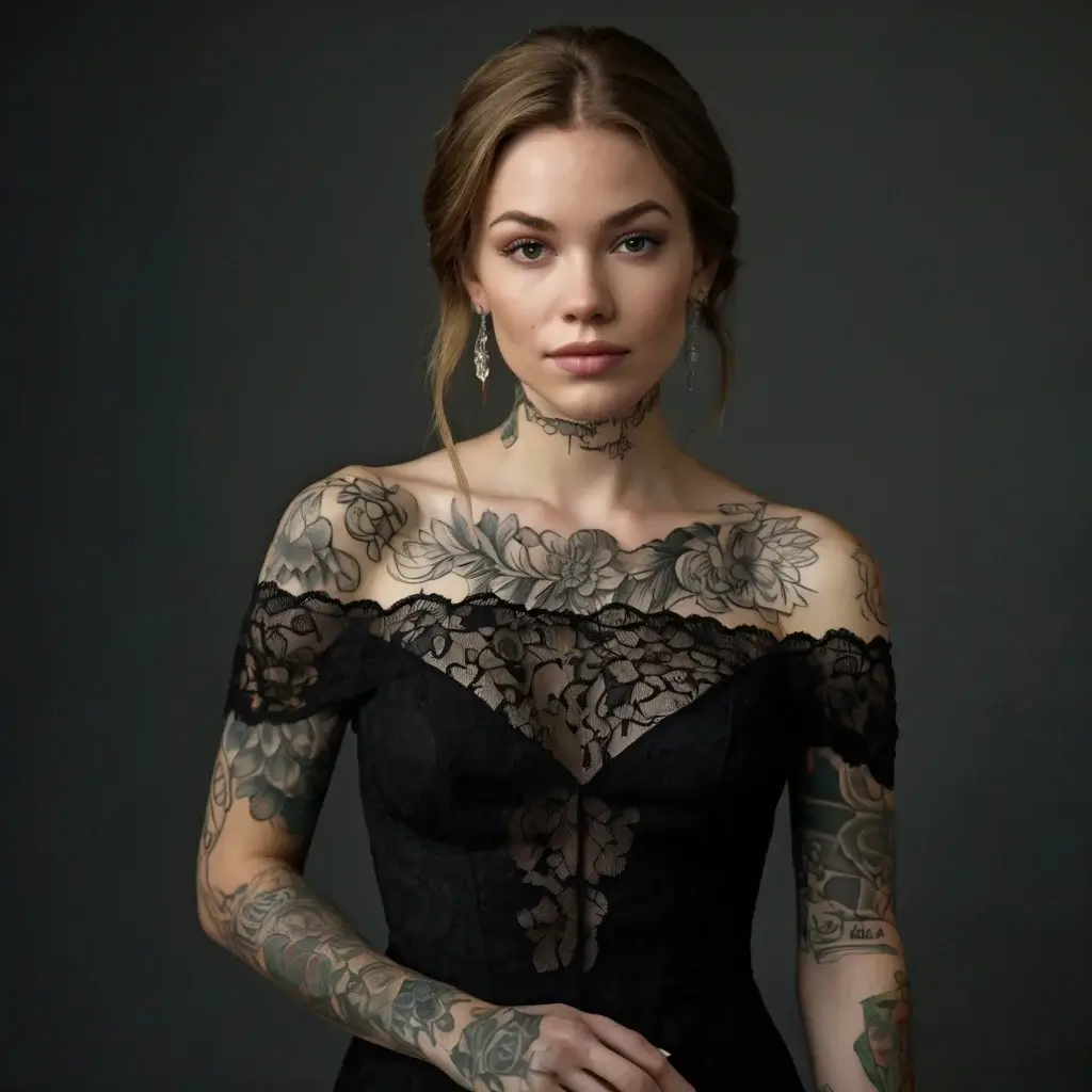 Detailed floral tattoos wrap around the neck, shoulders, and arms, creating an elegant, interconnected design.