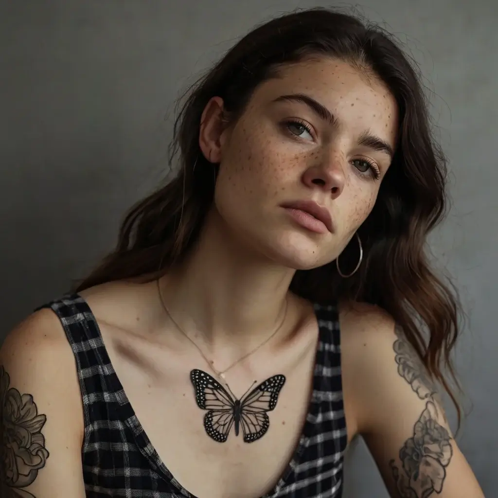 A detailed butterfly tattoo on the chest and intricate floral tattoos on the arms, combining elegance and natural elements.