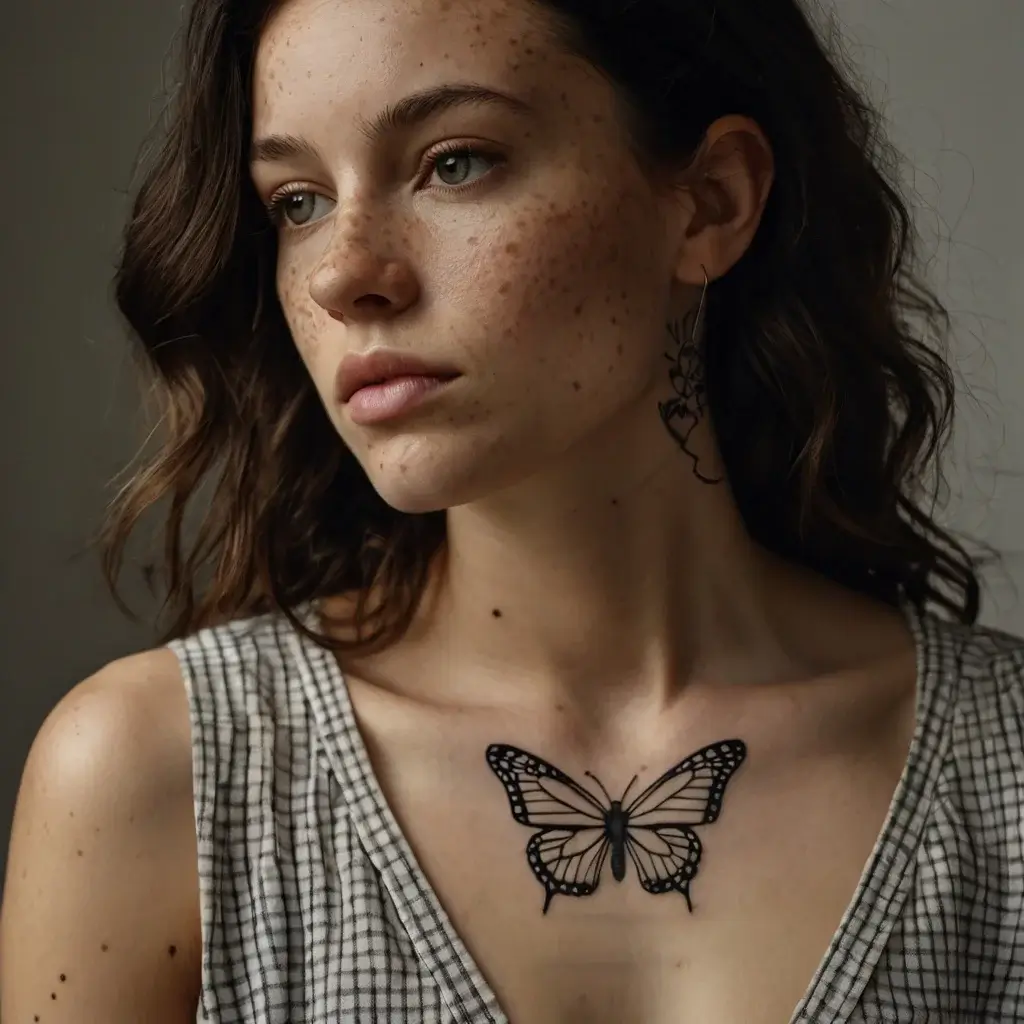 Chest tattoo of a delicate black and white butterfly, featuring intricate wing detailing, symbolizing transformation.