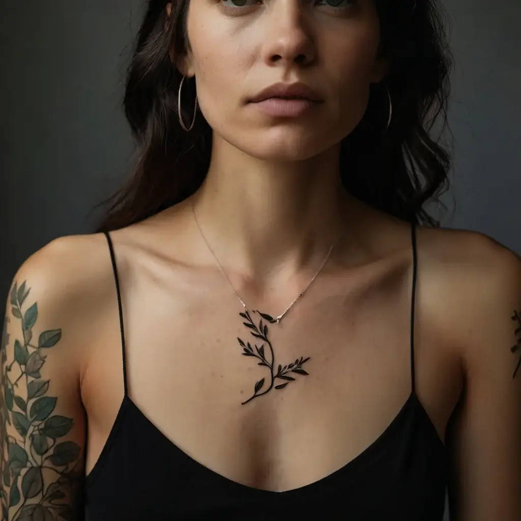 A delicate black ink branch tattoo with leaves adorns the collarbone, complementing floral tattoos on the arm.