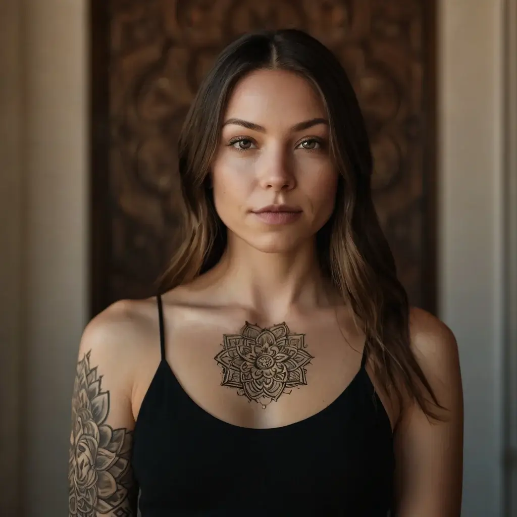 Intricate mandala tattoo on chest and arm, featuring detailed geometric and floral patterns in black ink.