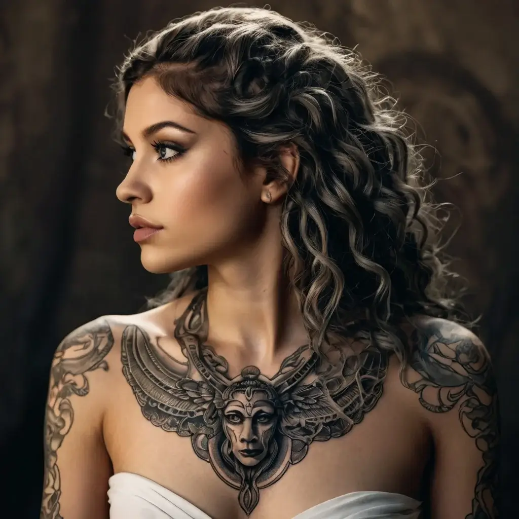 Gothic-style chest tattoo features a winged woman's face, intricately detailed with ornate patterns and shading.