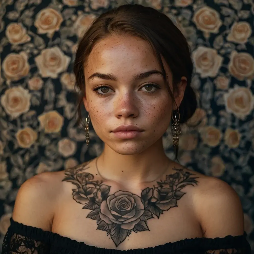 A black ink chest tattoo features a central rose with intricate foliage extending across the collarbone area.