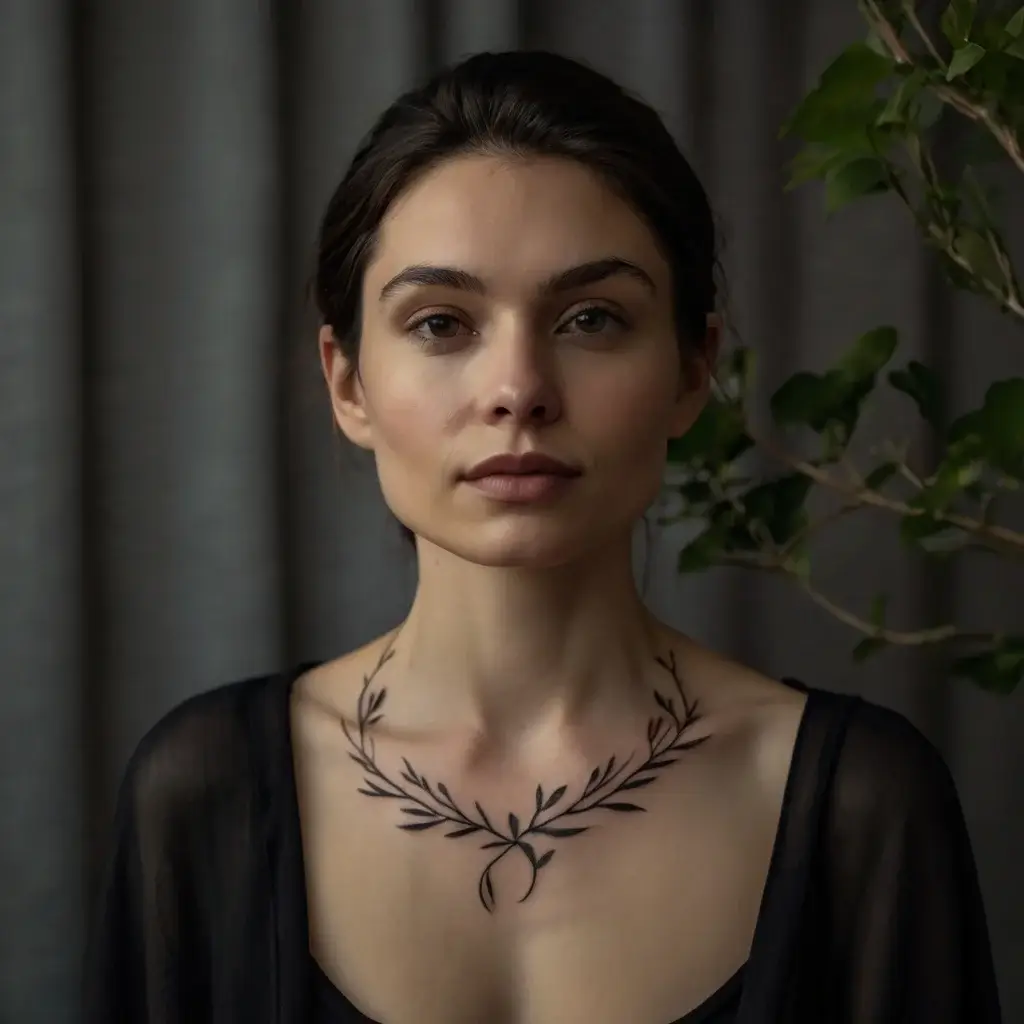 A delicate black ink laurel wreath tattoo encircles the woman's collarbone, symbolizing victory and achievement.