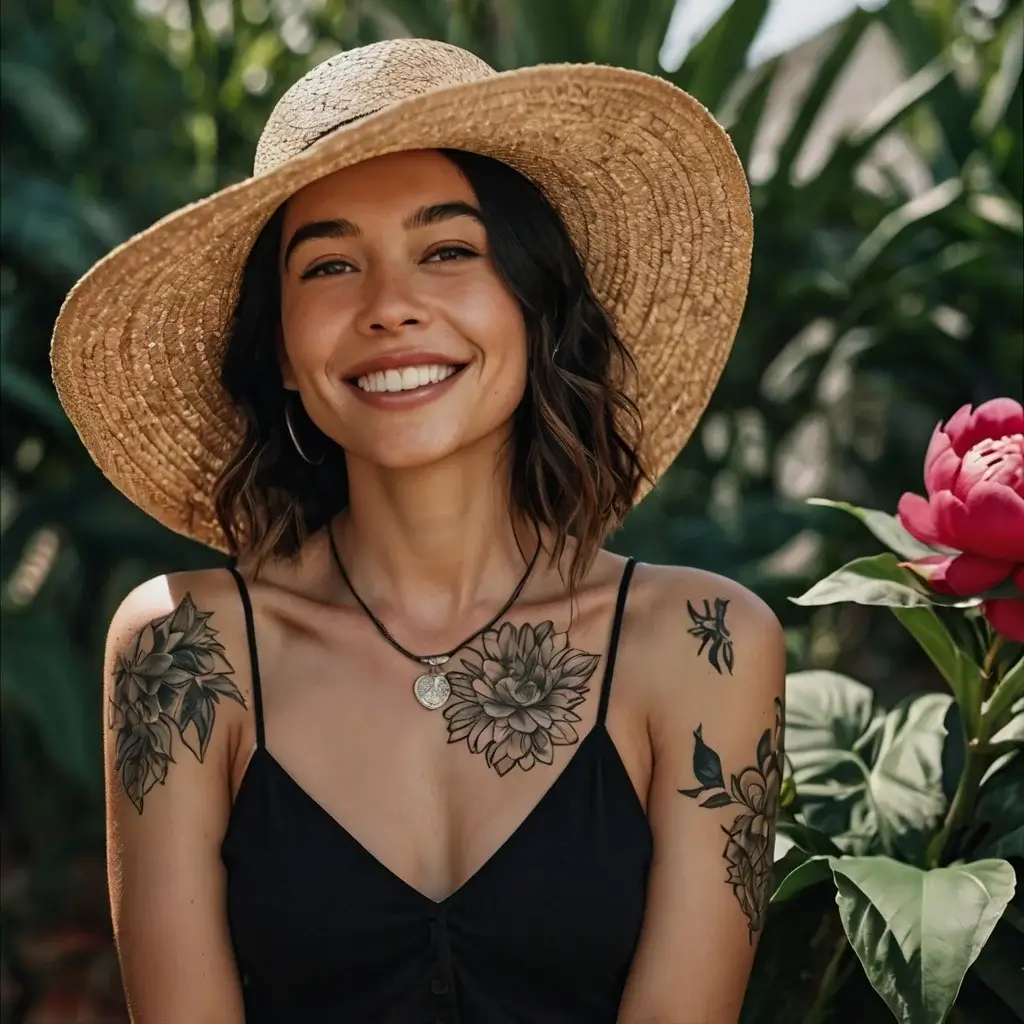 Woman with floral tattoos on shoulders and collarbone, featuring detailed linework and shading of blooming flowers.