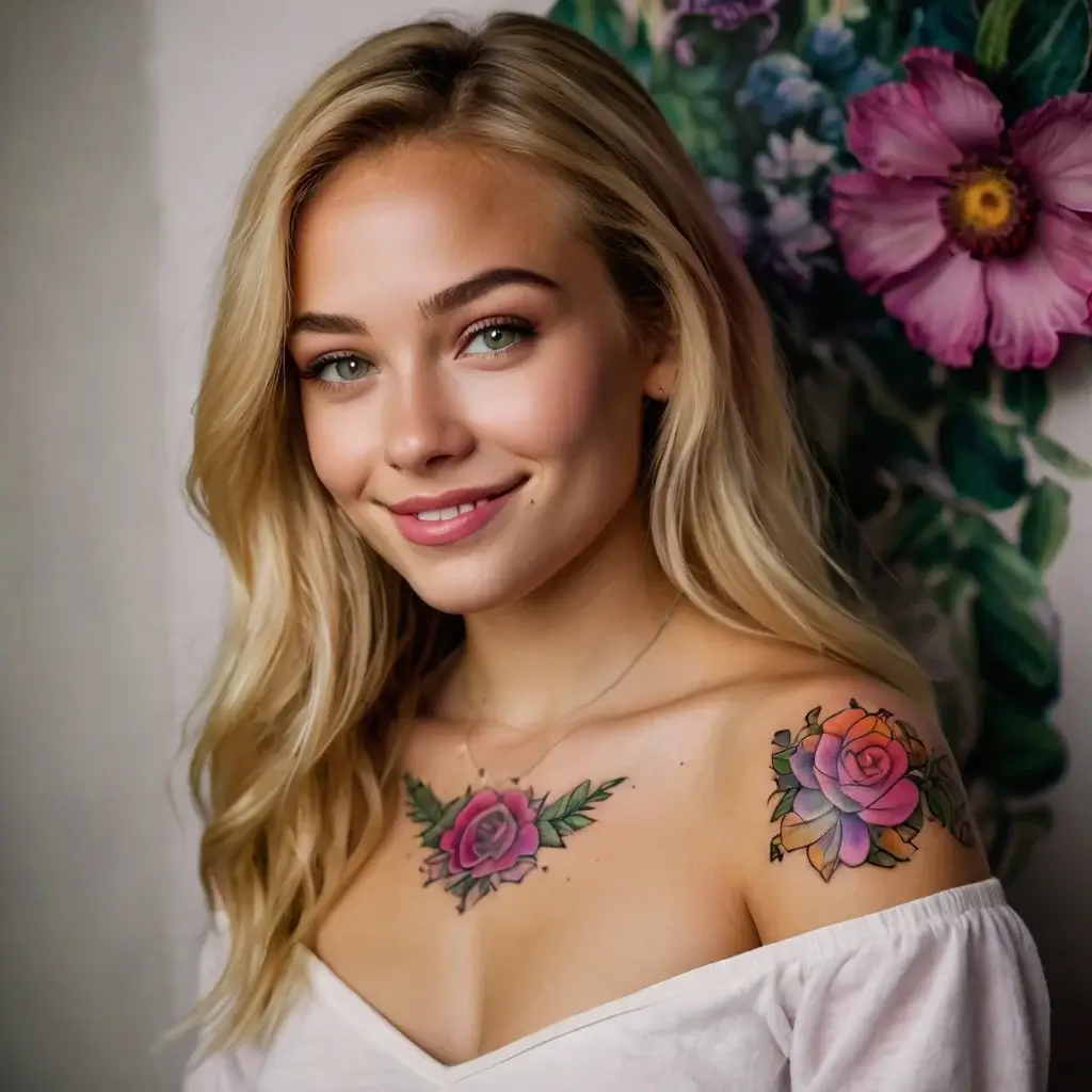 Colorful rose tattoos on shoulders, blending pinks and purples with green leaves, showcasing vibrant and artistic floral designs.