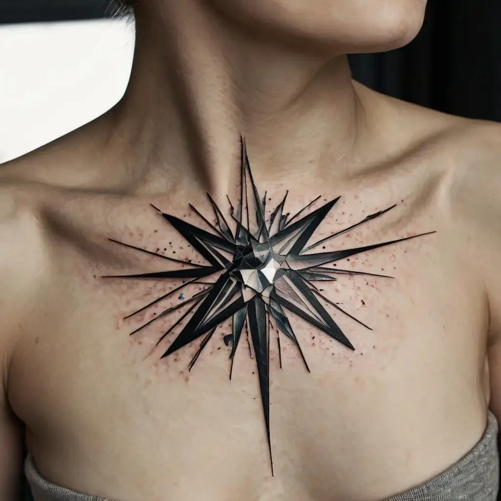 Geometric black starburst tattoo on the chest with intricate 3D shading and sharp lines, creating a dynamic effect.