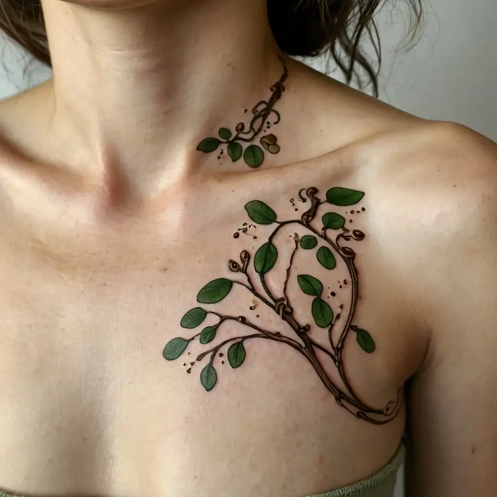 Elegant branch tattoo with green leaves, wrapping from the shoulder to the chest and neck, symbolizes growth and connection.