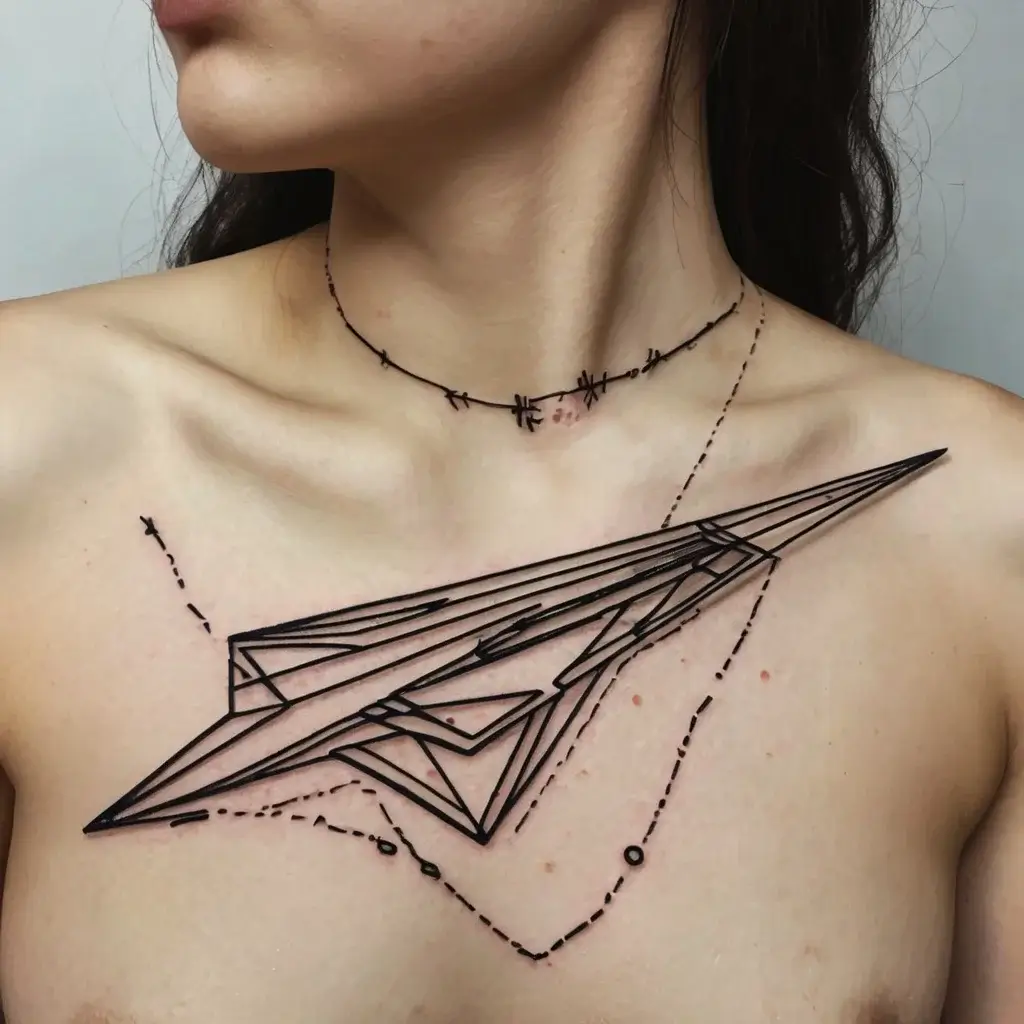 Geometric paper airplane tattoo with dotted path on the chest, complemented by a barbed wire necklace design.