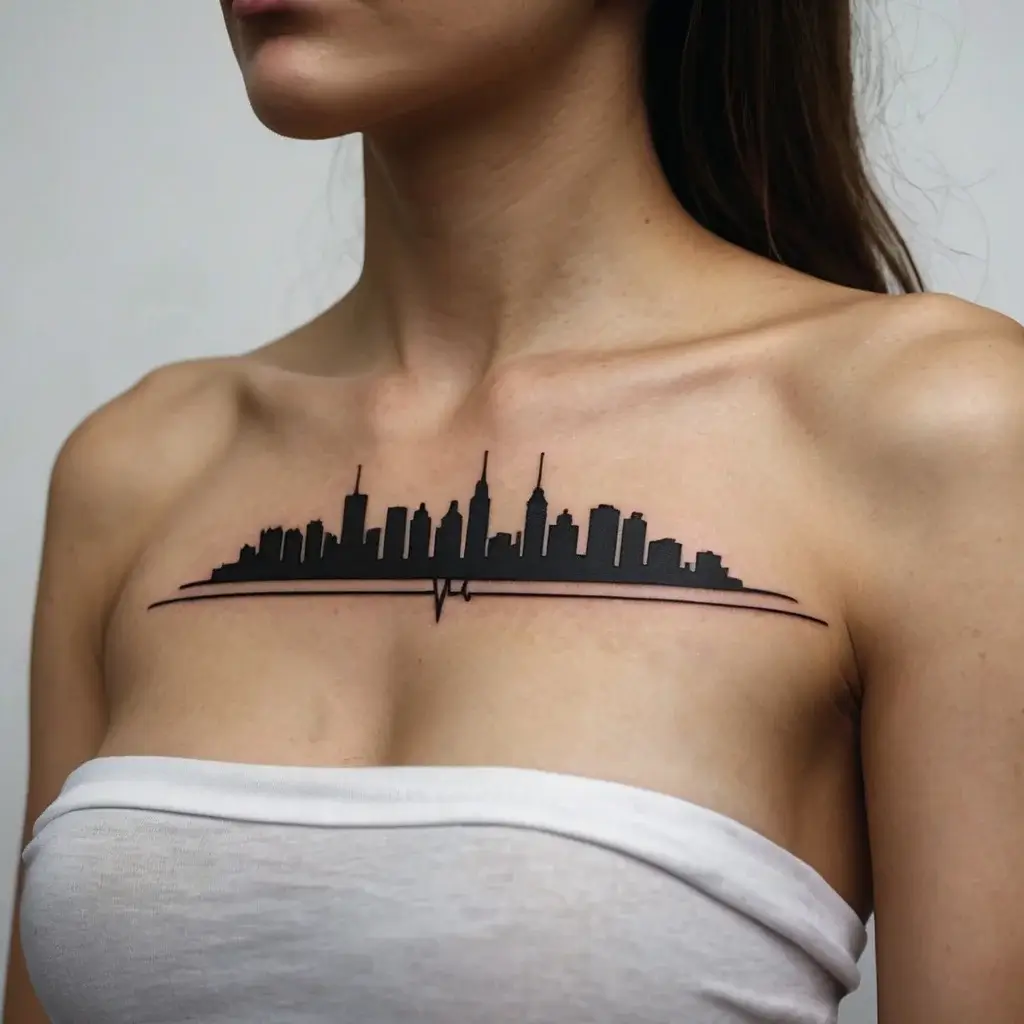 Tattoo of a city skyline with heartbeat lines integrated, spanning across the chest, symbolizing urban life and vitality.