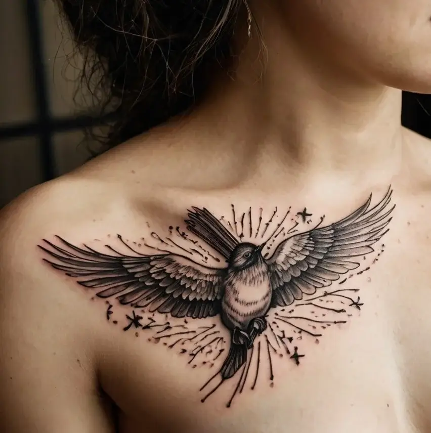 Tattoo of a detailed bird with outstretched wings on the chest, surrounded by dynamic lines and small star accents.