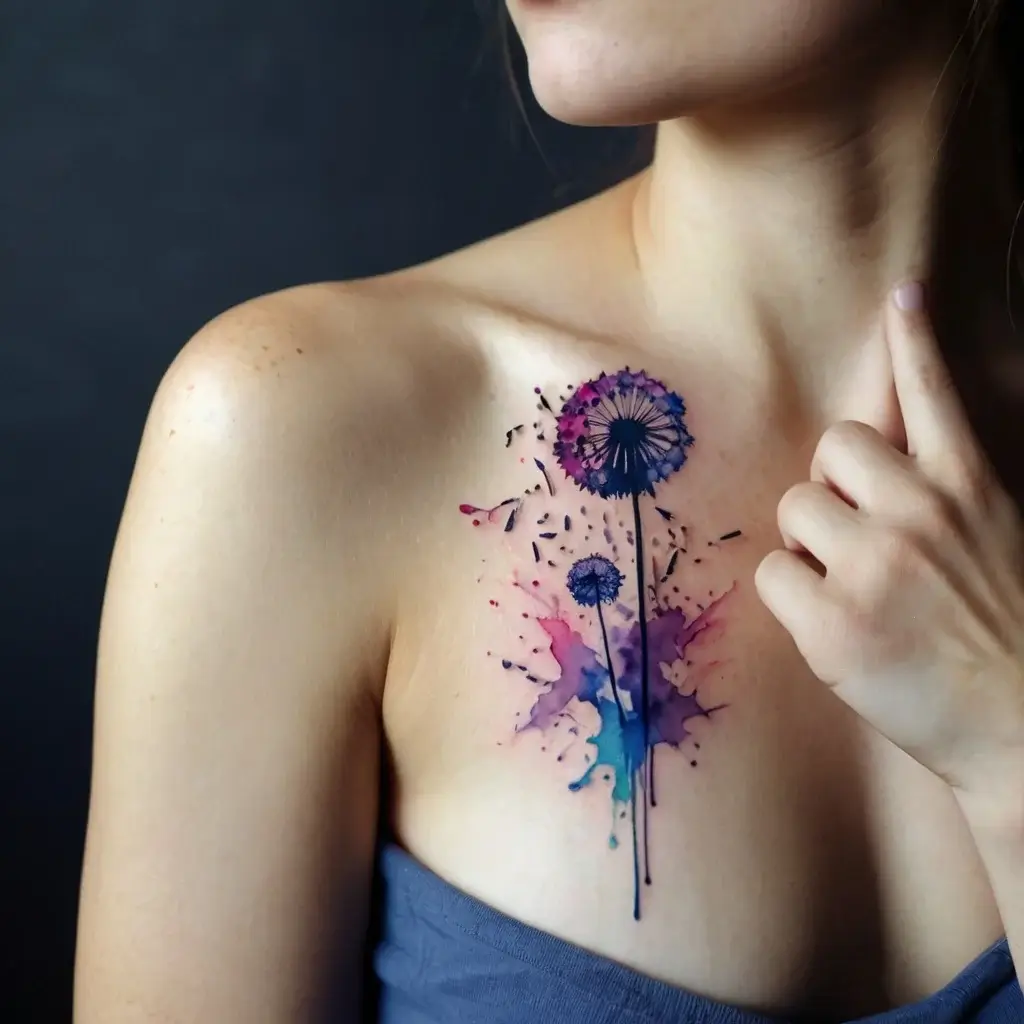 Watercolor dandelion tattoo in blue and purple hues on the upper shoulder, with petals blowing in the wind.