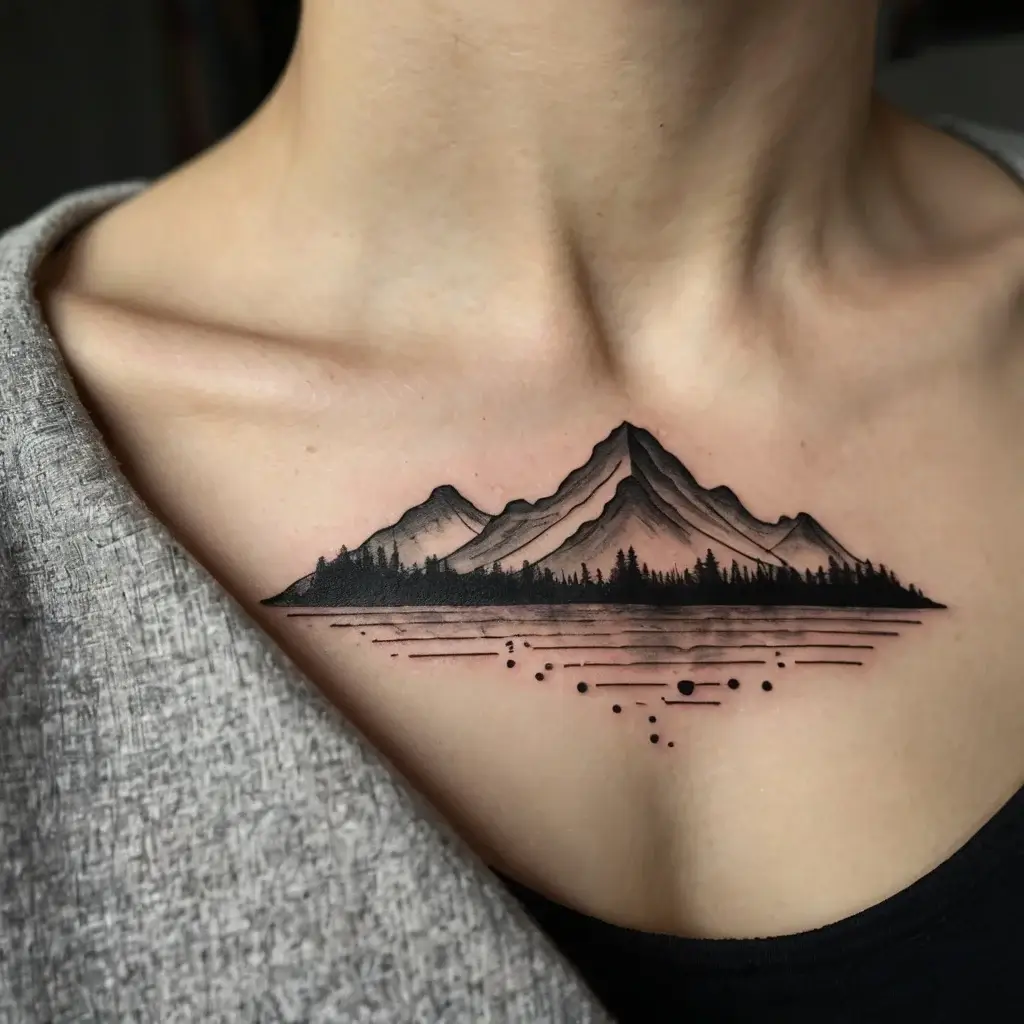 Mountain range tattoo with pine trees and dots, reflecting in water on the chest, in black ink.