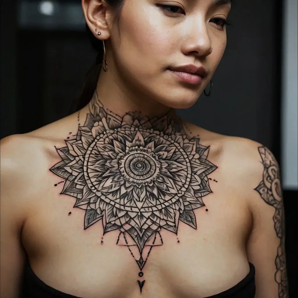 Intricate mandala tattoo on the chest, radiating geometric patterns with floral accents, creating a harmonious design.