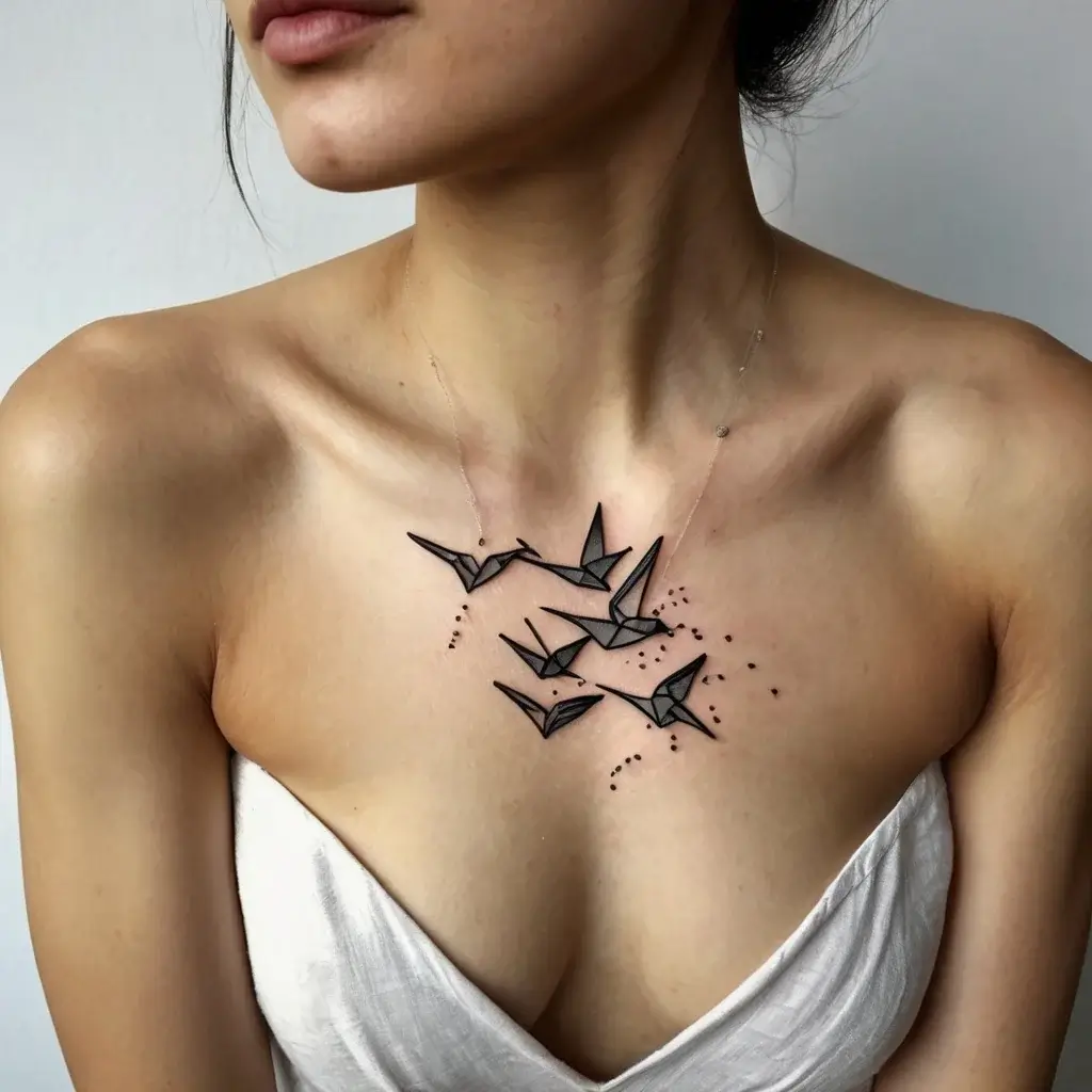 Geometric origami bird tattoos in black ink on chest, symbolizing freedom and creativity, with dotted accents.