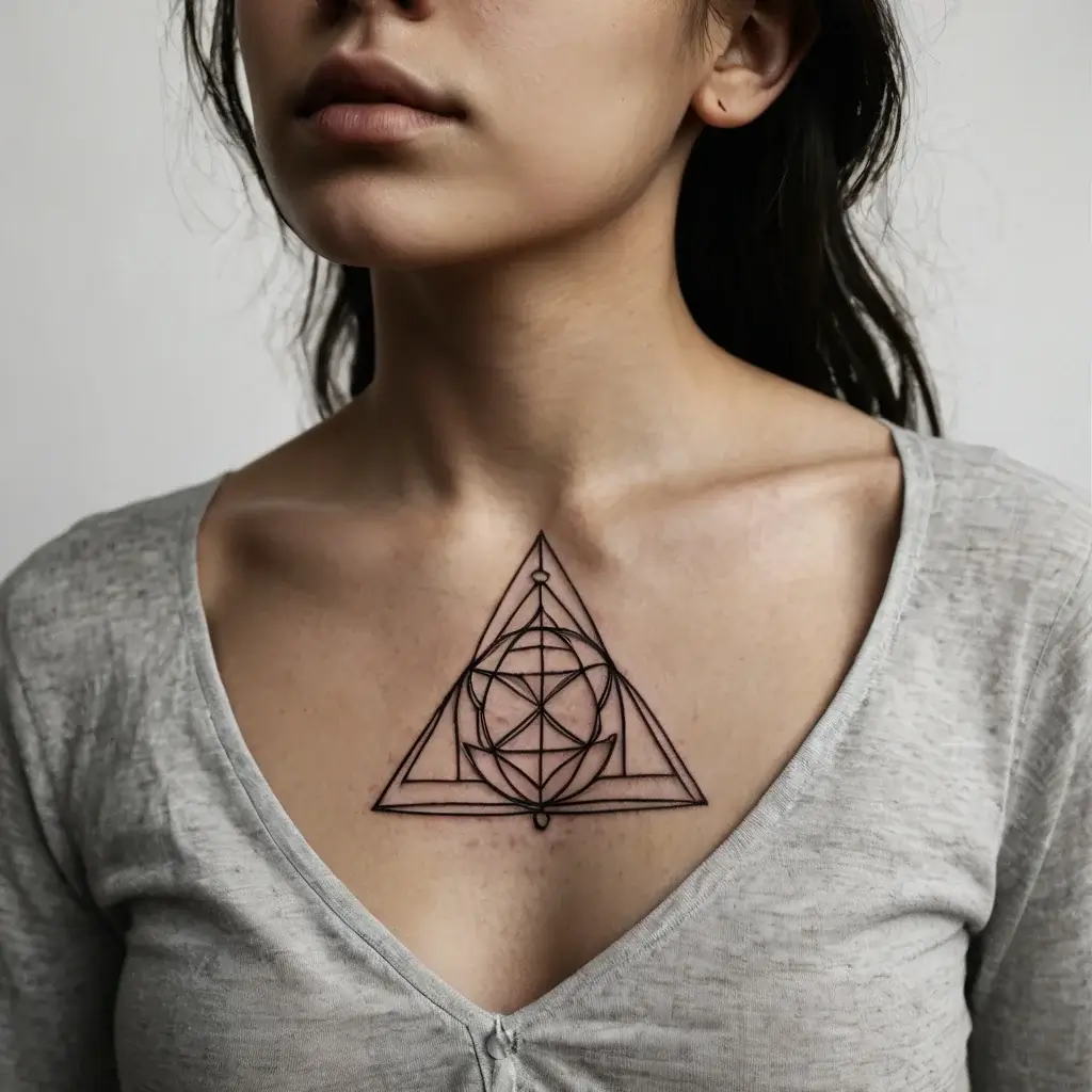 Geometric tattoo on chest; layered triangles with intersecting circles and lines, creating a complex, symmetrical design.