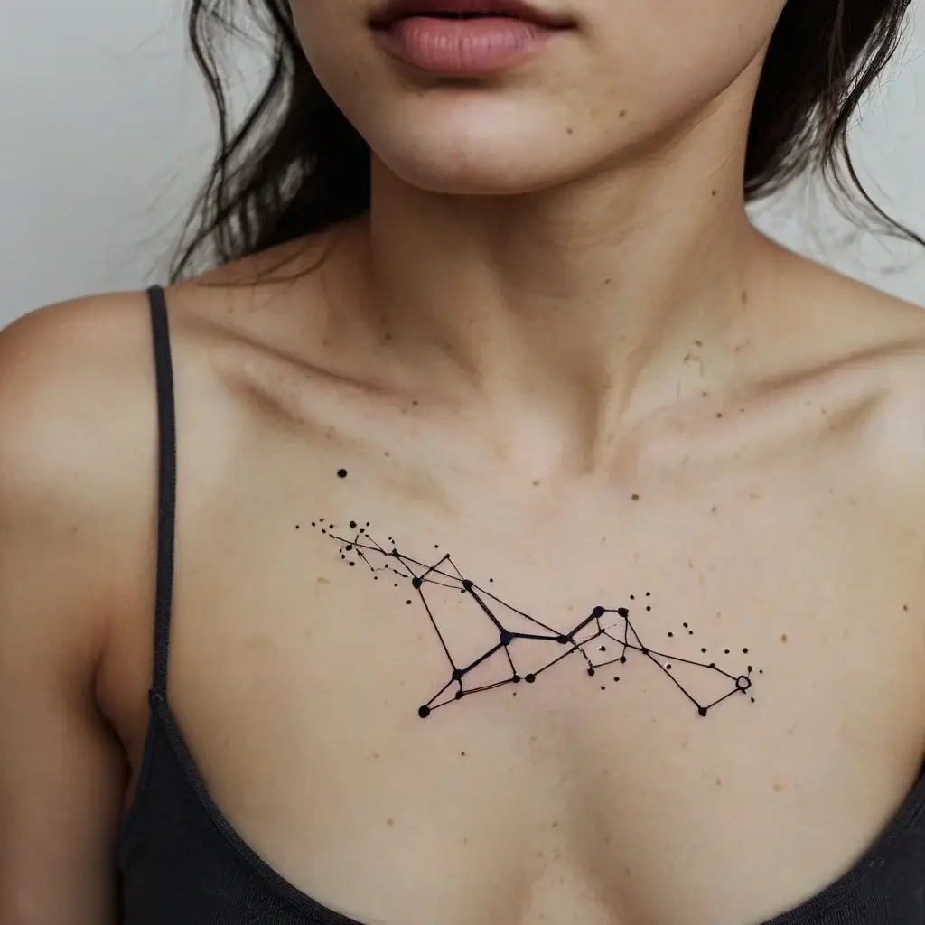 Geometric constellation tattoo with clustered dots and lines across the upper chest, creating a celestial and abstract effect.