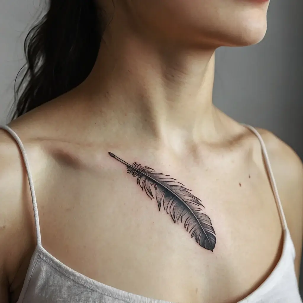 Black ink feather tattoo on collarbone, demonstrating fine linework and shading for a delicate, airy effect.