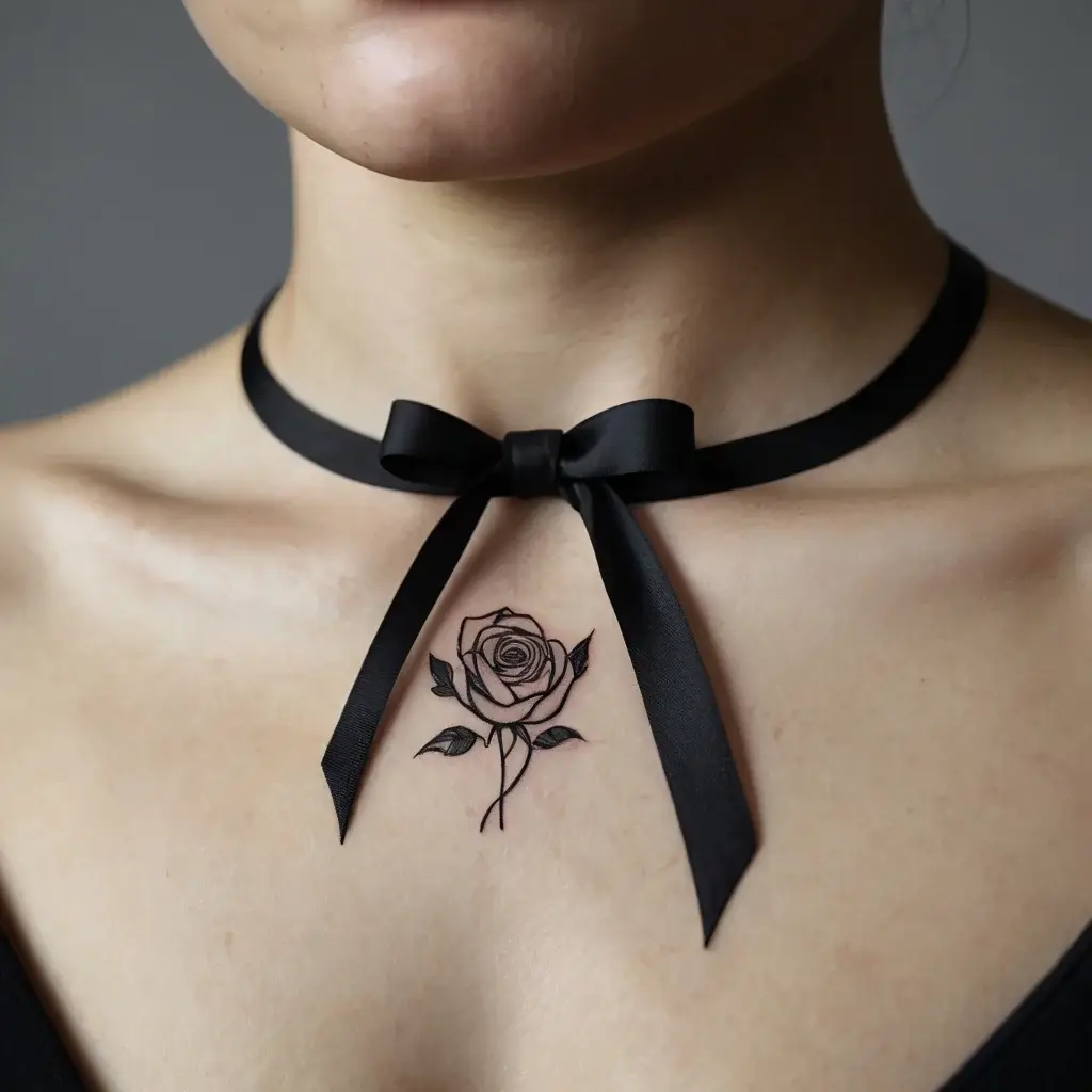 Minimalist rose tattoo on the chest, below a black ribbon choker, symbolizing elegance and timeless beauty.