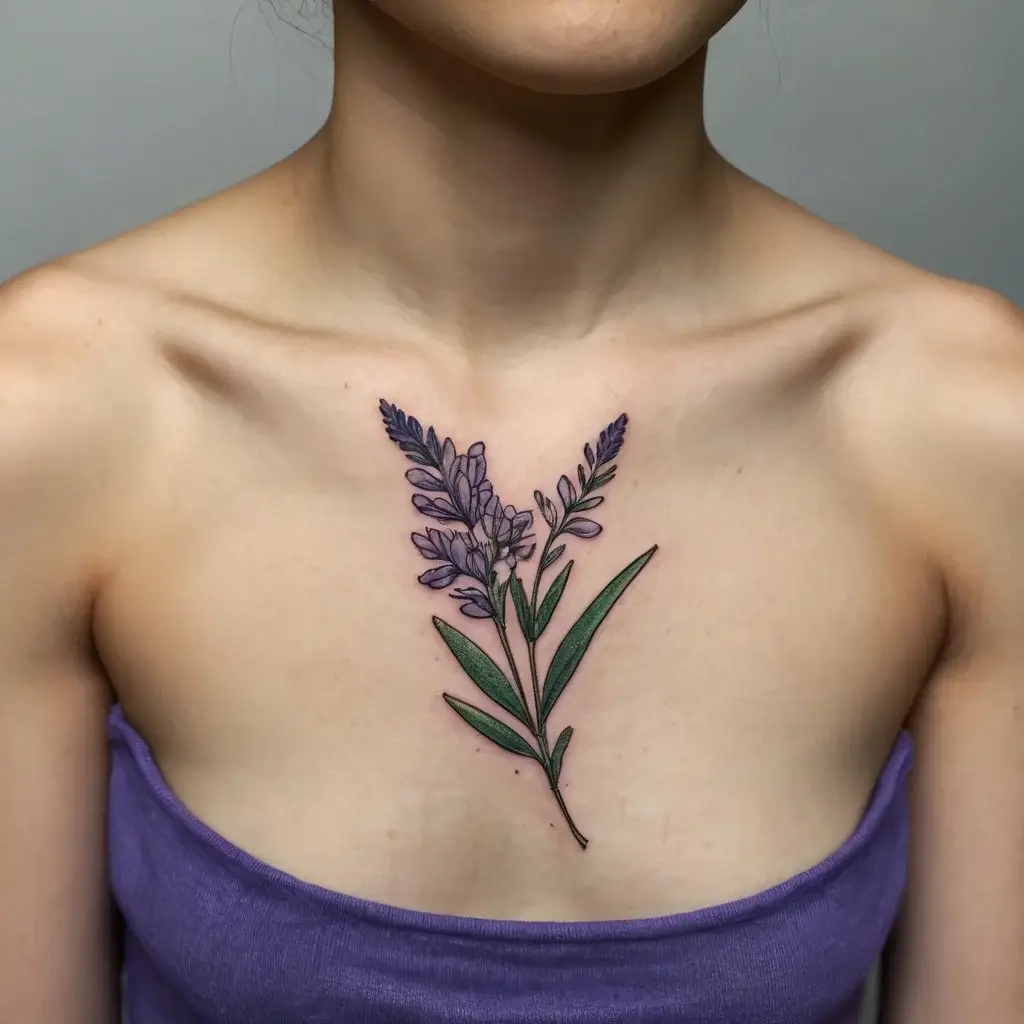 Chest tattoo of delicate lavender sprigs with green leaves, intricately shaded in soft purples and greens.