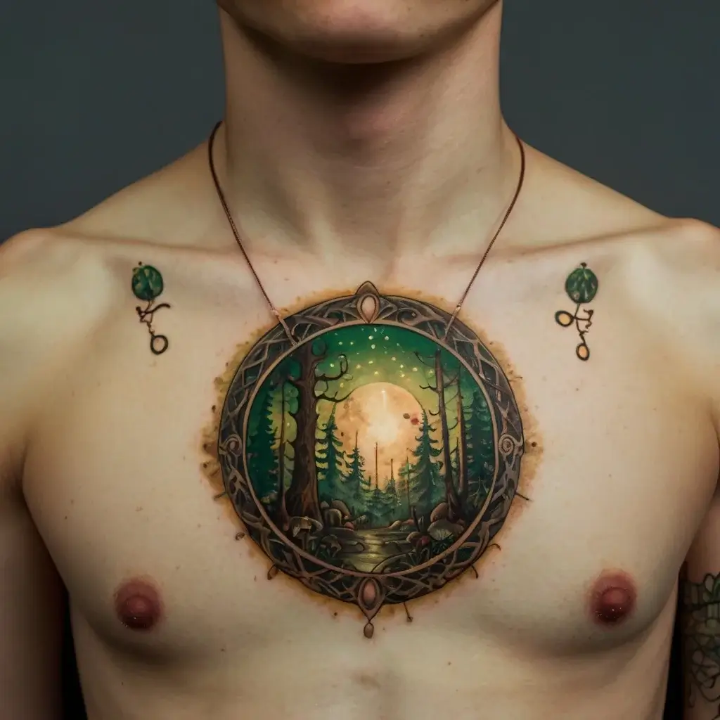 Chest tattoo of a mystical forest under a luminous moon, framed by ornate geometric patterns, with symbols on each shoulder.