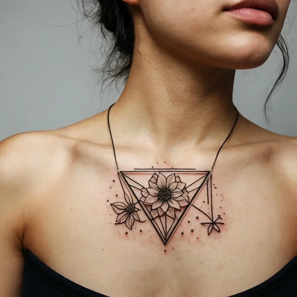 Geometric floral tattoo on the chest, featuring a large central flower within a triangle frame, accented by smaller blooms.