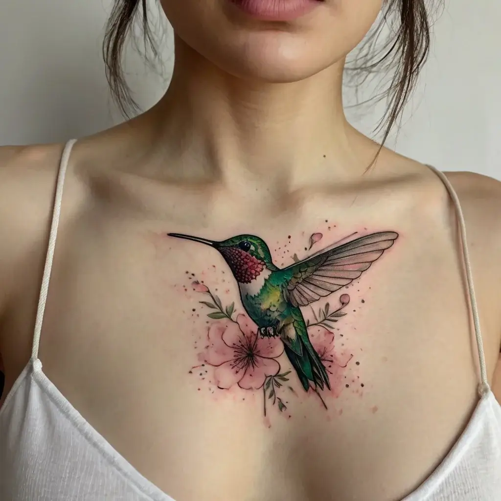 Colorful hummingbird with intricate details, surrounded by soft pink flowers on the chest, symbolizing freedom and beauty.