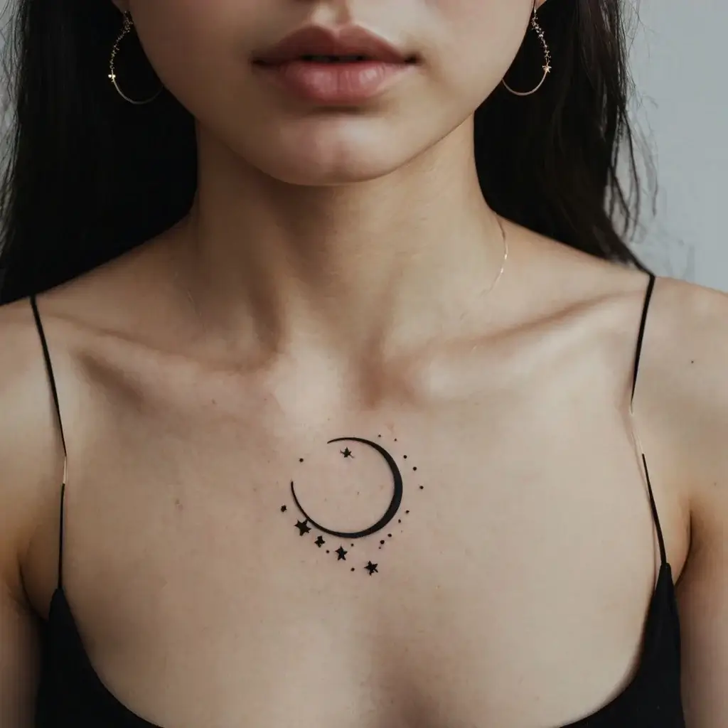 Crescent moon and stars tattoo on chest, symbolizing dreams and intuition with a delicate, minimalist design.