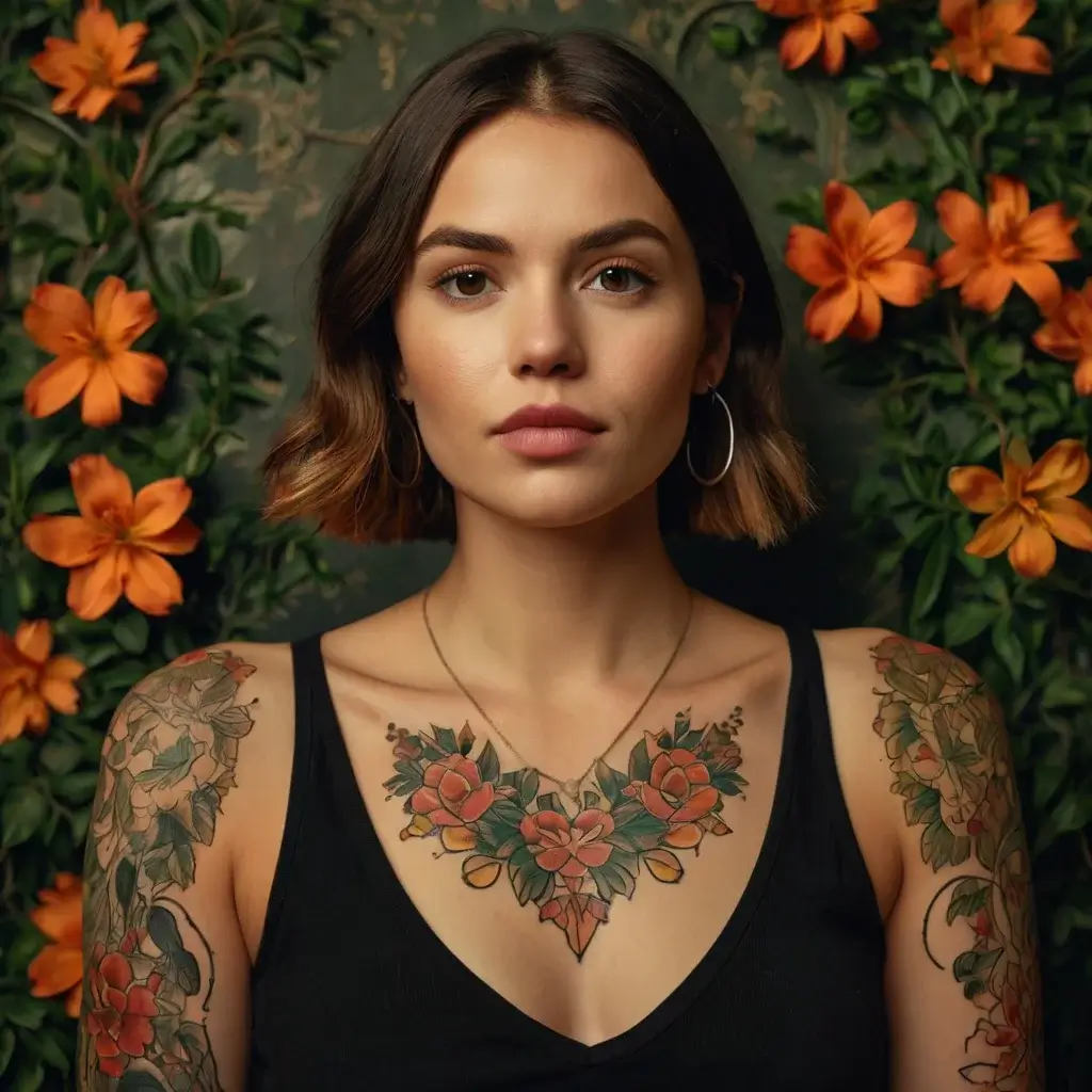 Chest tattoo with vibrant orange flowers and green leaves, creating a symmetrical heart shape; matching arm designs.