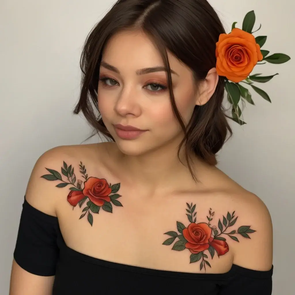 Two vibrant red roses with green leaves tattooed on the woman's shoulders, symbolizing love and beauty.