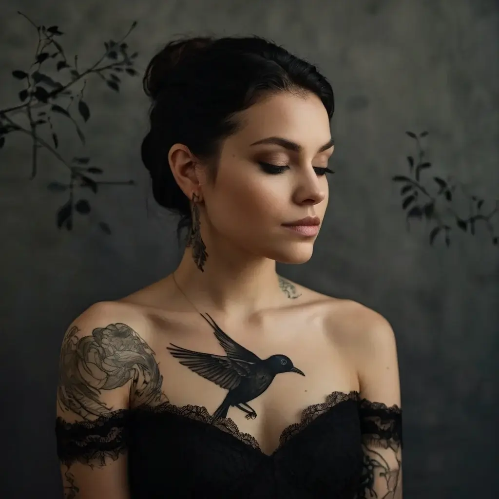 Woman with a tattoo of a black bird in flight on chest, surrounded by roses and intricate botanical designs on arms.