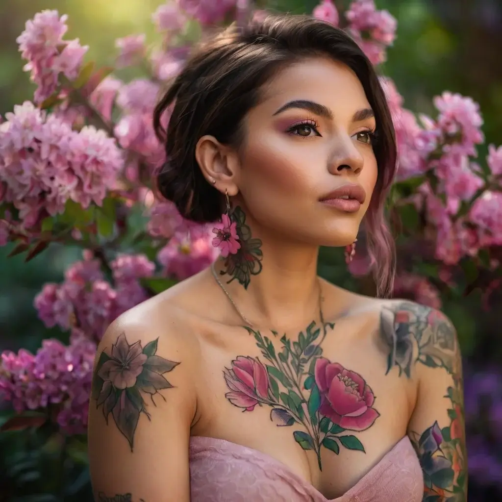 Woman with vibrant floral tattoos, featuring roses and lotus on her neck and chest, set against blooming pink flowers.