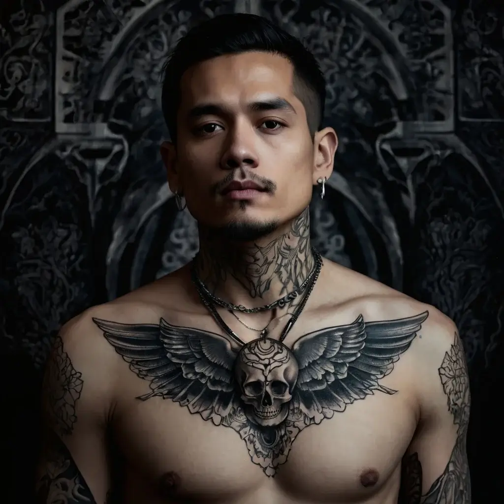 Chest tattoo of a skull with ornate wing designs, featuring intricate shading and floral patterns extending to the neck.