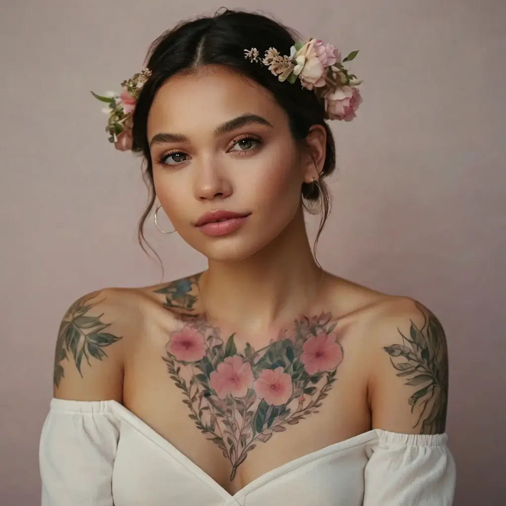 Floral tattoo features soft pink blossoms and green leaves across the chest and shoulders, creating a natural, elegant look.