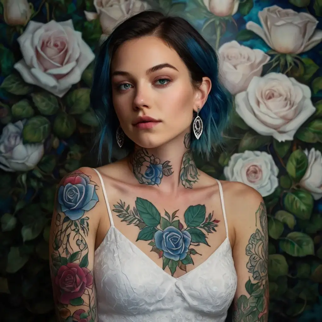 Woman with tattoos featuring blue and red roses on arms and chest, and green leaves around neck, set against floral backdrop.